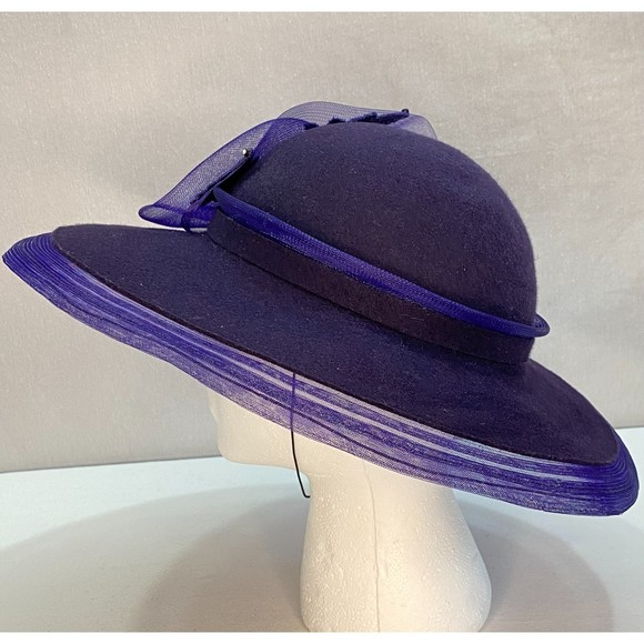 Bellini Womens Hat Purple 100% Wool Wide Brim Ribon Lace Rhinestone Band - Picture 4 of 10